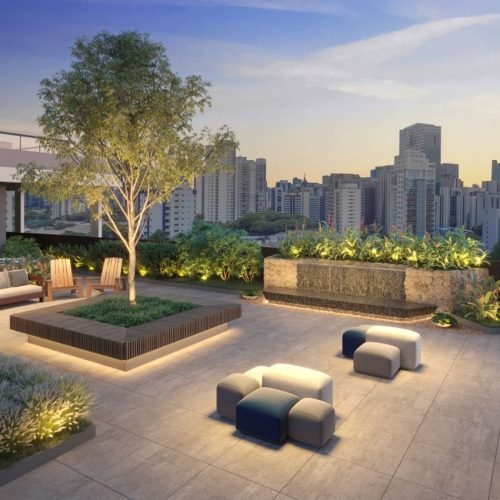 Praça central com lounge externo